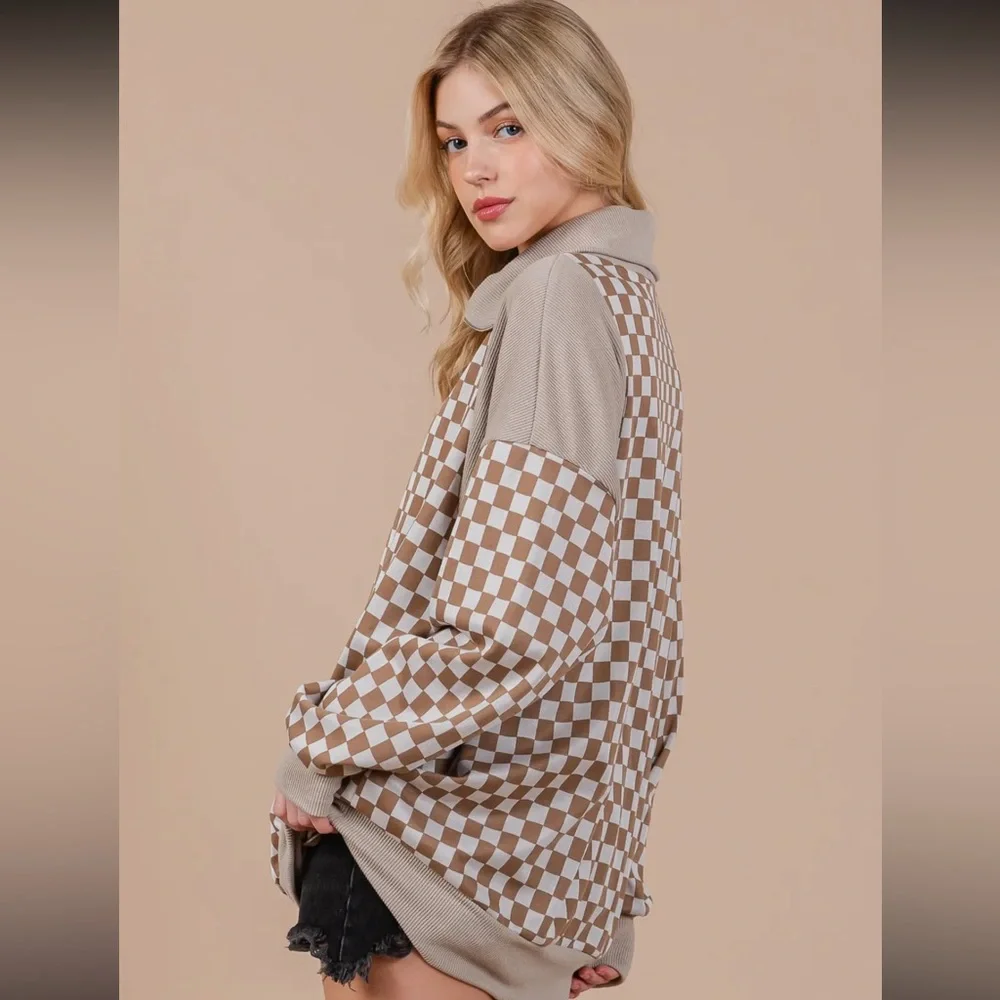ShopEvelynne Checkered Brown and Cream Sweatshirt - Picture 4 of 4